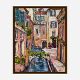 Impressionistic painting of a narrow canal bordered by colorful buildings with windows and greenery, featuring a small arched bridge over rippling water.