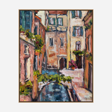 Impressionistic painting of a narrow canal bordered by warm-toned buildings with flower-filled window boxes and a small arched bridge covered in greenery.