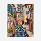 Impressionistic canvas painting of a narrow canal with a small stone bridge, flanked by old buildings adorned with green window plants and reflections in the water.