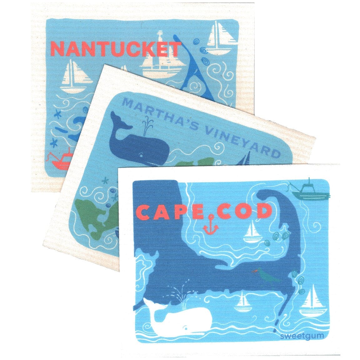 Cape Cod & Islands Bundle of 3 Swedish Dishcloths showing summer coastal themes in kitchen setting