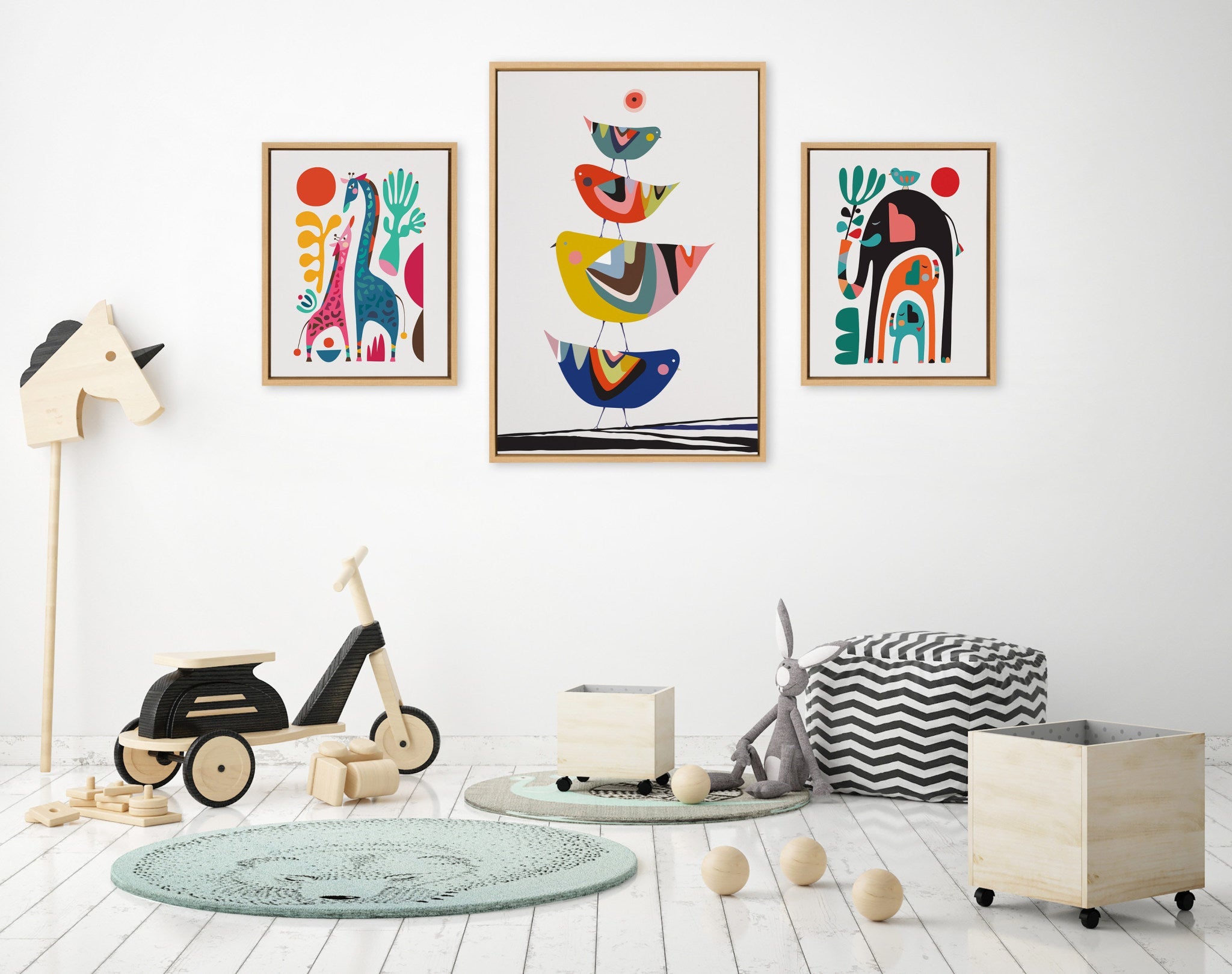 Sylvie Family Tree 4 Birds, Giraffe Love and Three Elephants Framed Canvas Art Set by Rachel Lee of My Dream Wall