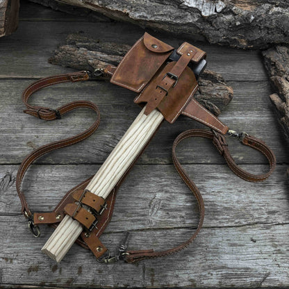 Carpenter’s Axe with leather shoulder sheath by Sharky Forged Steel Tools