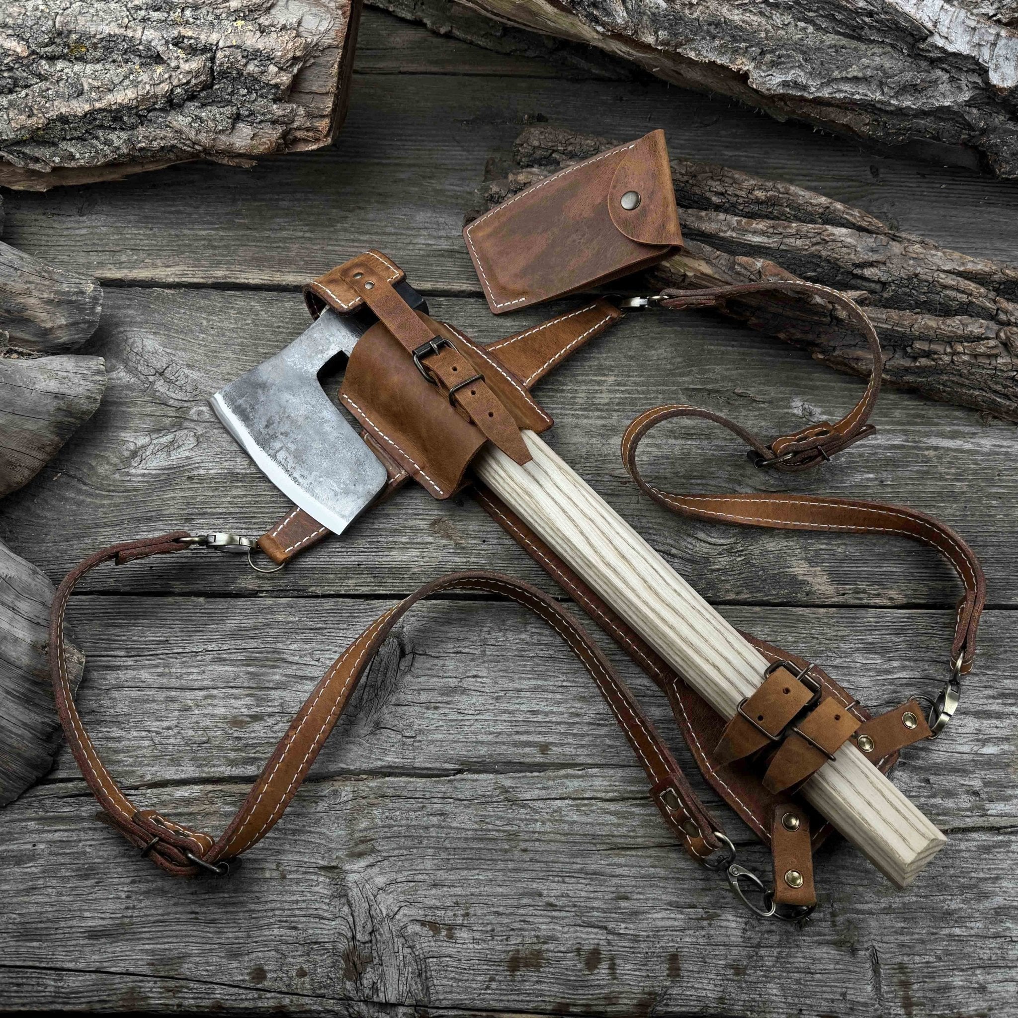 Carpenter’s Axe with leather shoulder sheath by Sharky Forged Steel Tools