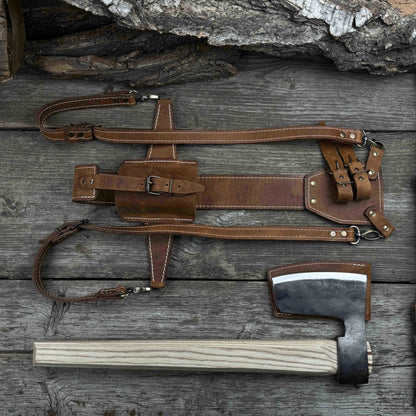 Carpenter’s Axe with leather shoulder sheath by Sharky Forged Steel Tools