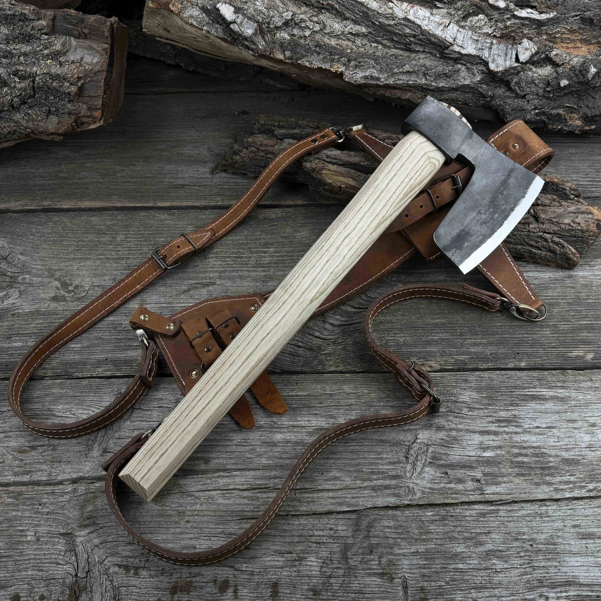 Carpenter’s Axe with leather shoulder sheath by Sharky Forged Steel Tools