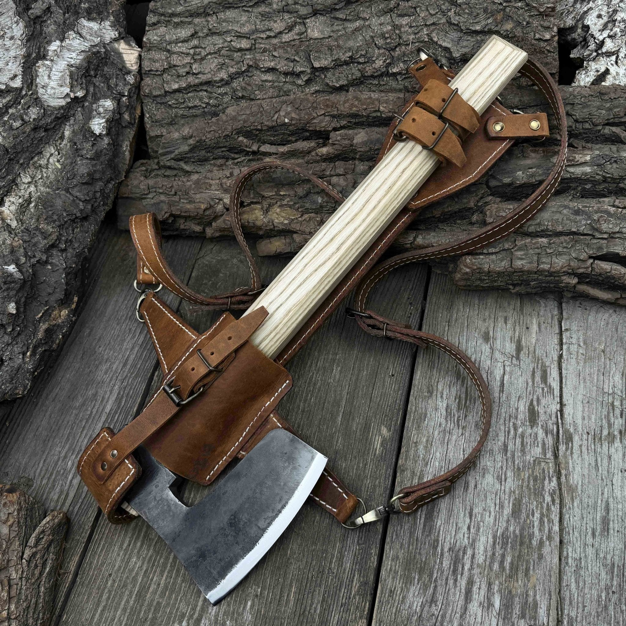 Carpenter’s Axe with leather shoulder sheath by Sharky Forged Steel Tools