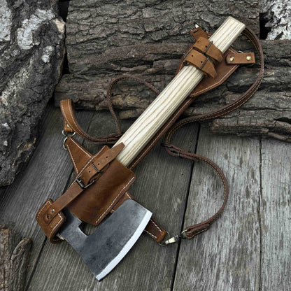 Carpenter’s Axe with leather shoulder sheath by Sharky Forged Steel Tools