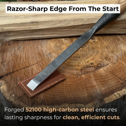 Hand-forged Carpenters Slick Chisel with ash handle and leather edge guard