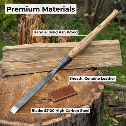 Hand-forged Carpenters Slick Chisel with ash handle and leather edge guard