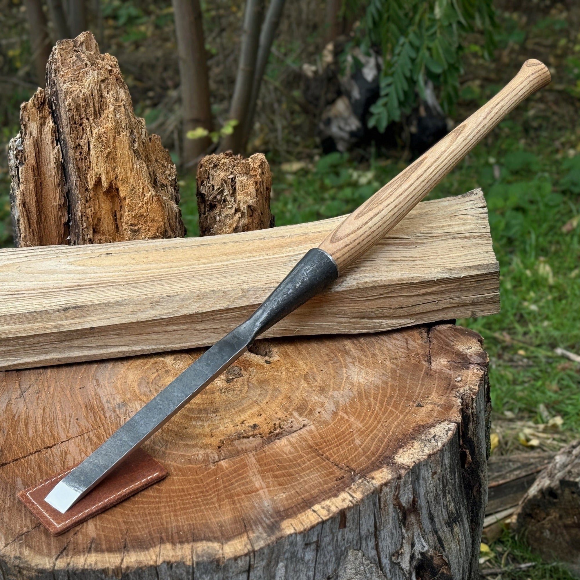 Hand-forged Carpenters Slick Chisel with ash handle and leather edge guard