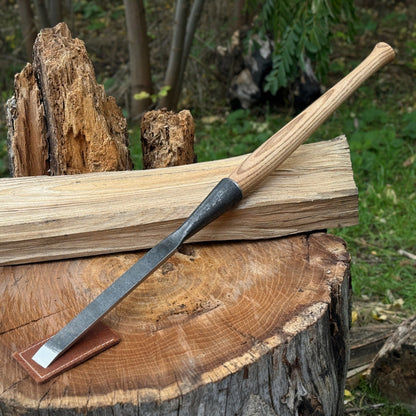 Hand-forged Carpenters Slick Chisel with ash handle and leather edge guard