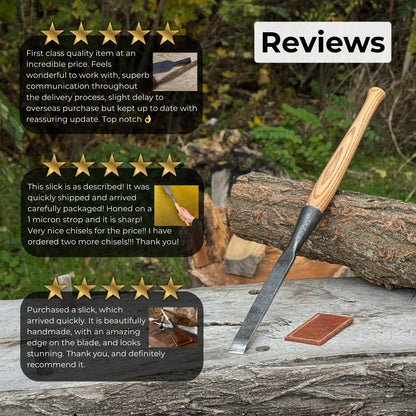 Hand-forged Carpenters Slick Chisel with ash handle and leather edge guard