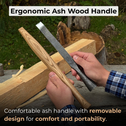 Hand-forged Carpenters Slick Chisel with ash handle and leather edge guard