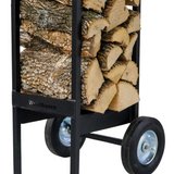 Woodhaven Firewood Cart with solid rubber wheels and steel frame