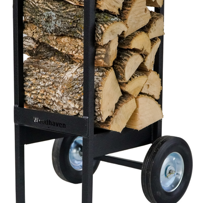 Woodhaven Firewood Cart with solid rubber wheels and steel frame