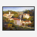 Oil painting of a hillside village with cream and pink buildings, red roofs, a church tower, and lush green trees under a pale blue sky.