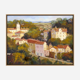 Impressionistic canvas painting showcasing a village with cream and light pink houses, a white church with twin steeples, and lush green trees under a cloudy sky.
