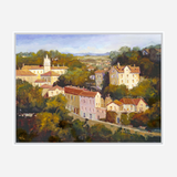 Impressionist-style painting of a village with cream and pink buildings surrounded by lush green trees under a blue sky with distant hills.