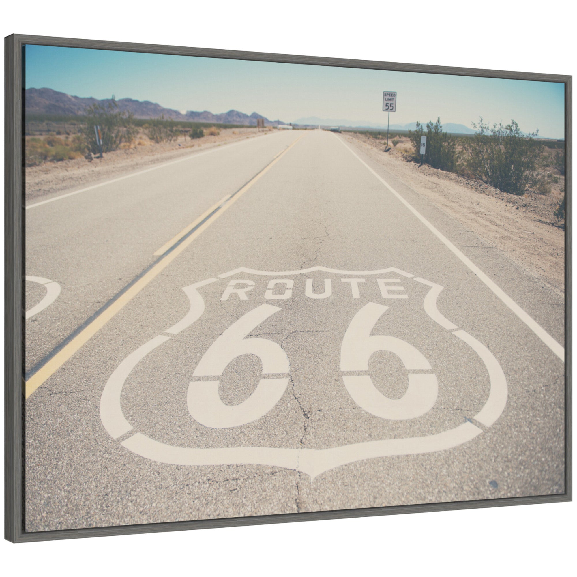Framed canvas art depicting Americana Route 66 imagery with modern framing