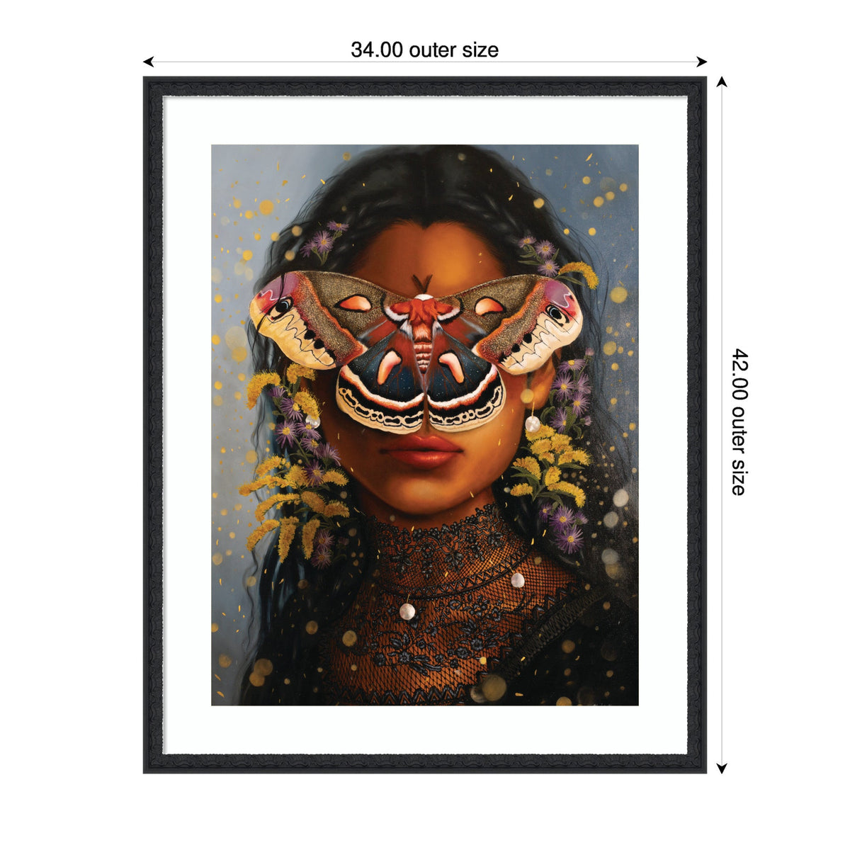 Portrait of woman with closed eyes partially obscured by a large, detailed moth over her face, surrounded by asters and goldenrod flowers on a muted blue-gray background.