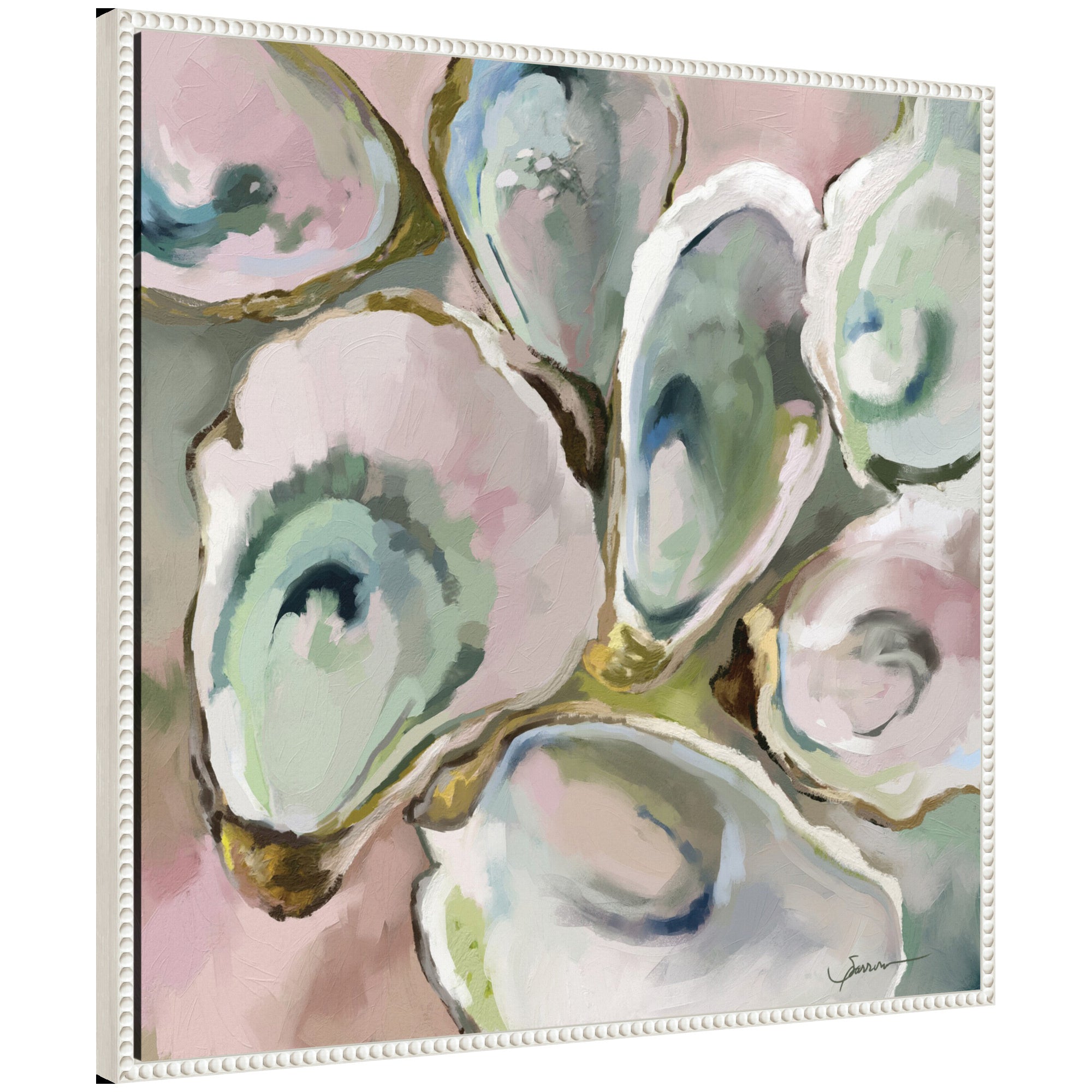 Sylvie Oyster Roast 2 framed canvas art showing abstract shapes in blues and earth tones with white modern frame