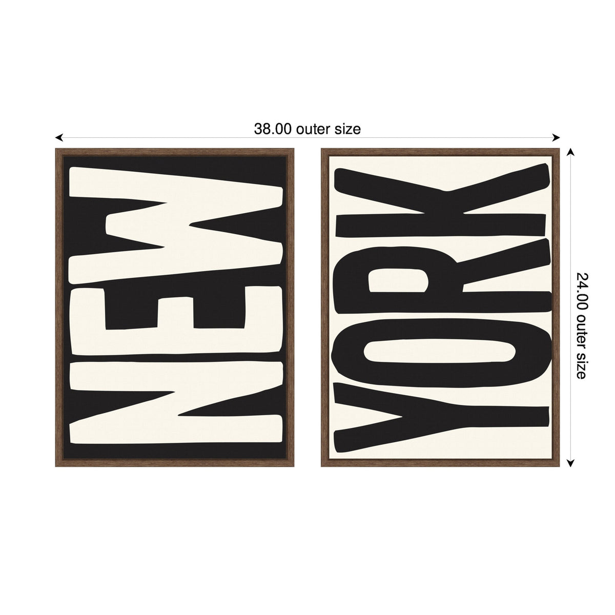 Two framed canvases with black and white typography spelling 'NEW' and 'YORK' in bold, distorted letters, adjacent horizontally in dark wood frames.