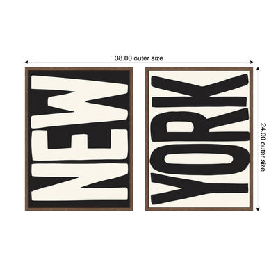 New York Set Print Travel City Typography Black and White 2 Piece Framed Canvas Wall Art Set by Lucky Guava