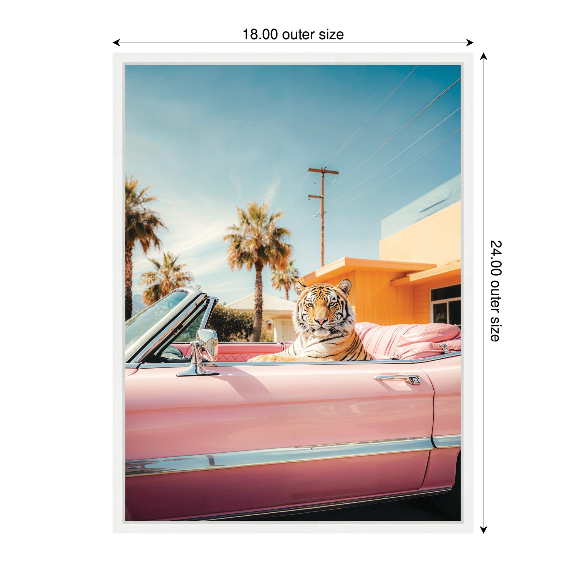 Cool Tiger Sitting in a Pink Classic Car by Michael Schauer Framed Canvas Wall Art Print