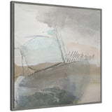 Abstract painting with layered brushstrokes in muted grays, blues, and beige, featuring soft shapes and fine linear scribbles, presented in a dark framed canvas.