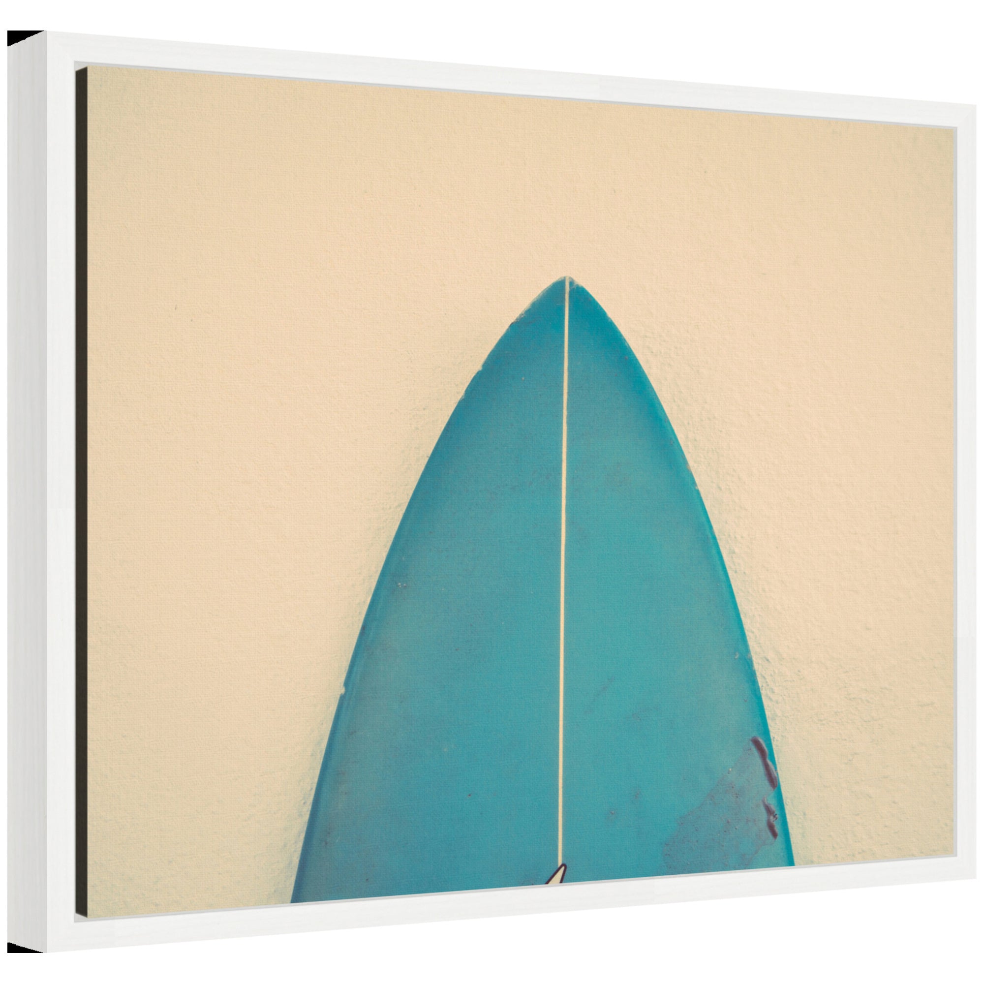 Sylvie abstract minimalist coastal teal surfboard framed canvas art hung on a grey wall