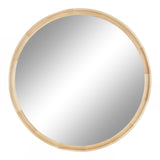Round wall mirror with a light natural wood frame featuring a smooth, slightly segmented pattern and a reflective glass center.