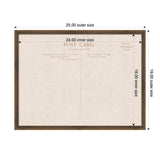 Rectangular framed fabric pinboard with linen texture showing vintage postcard back design, measuring 24x18 inches inner size within a 25x19 inches dark brown frame.