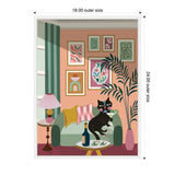 Illustration of a black cat holding a cocktail glass, sitting on a green sofa with colorful cushions in a pink-walled room decorated with abstract framed art and a tall leafy plant.