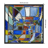 Abstract geometric painting with interlocking shapes in blue, green, orange, and white, bordered by black lines, framed in black measuring 30 by 30 inches.
