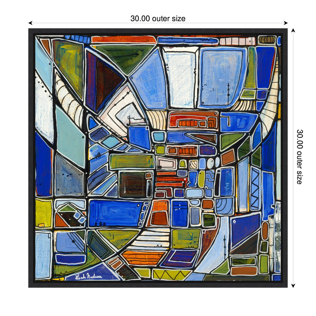 Abstract geometric painting with interlocking shapes in blue, green, orange, and white, bordered by black lines, framed in black measuring 30 by 30 inches.