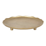 Round decorative tray with scalloped edges in matte gold finish, supported by three short legs, shown against a white background.