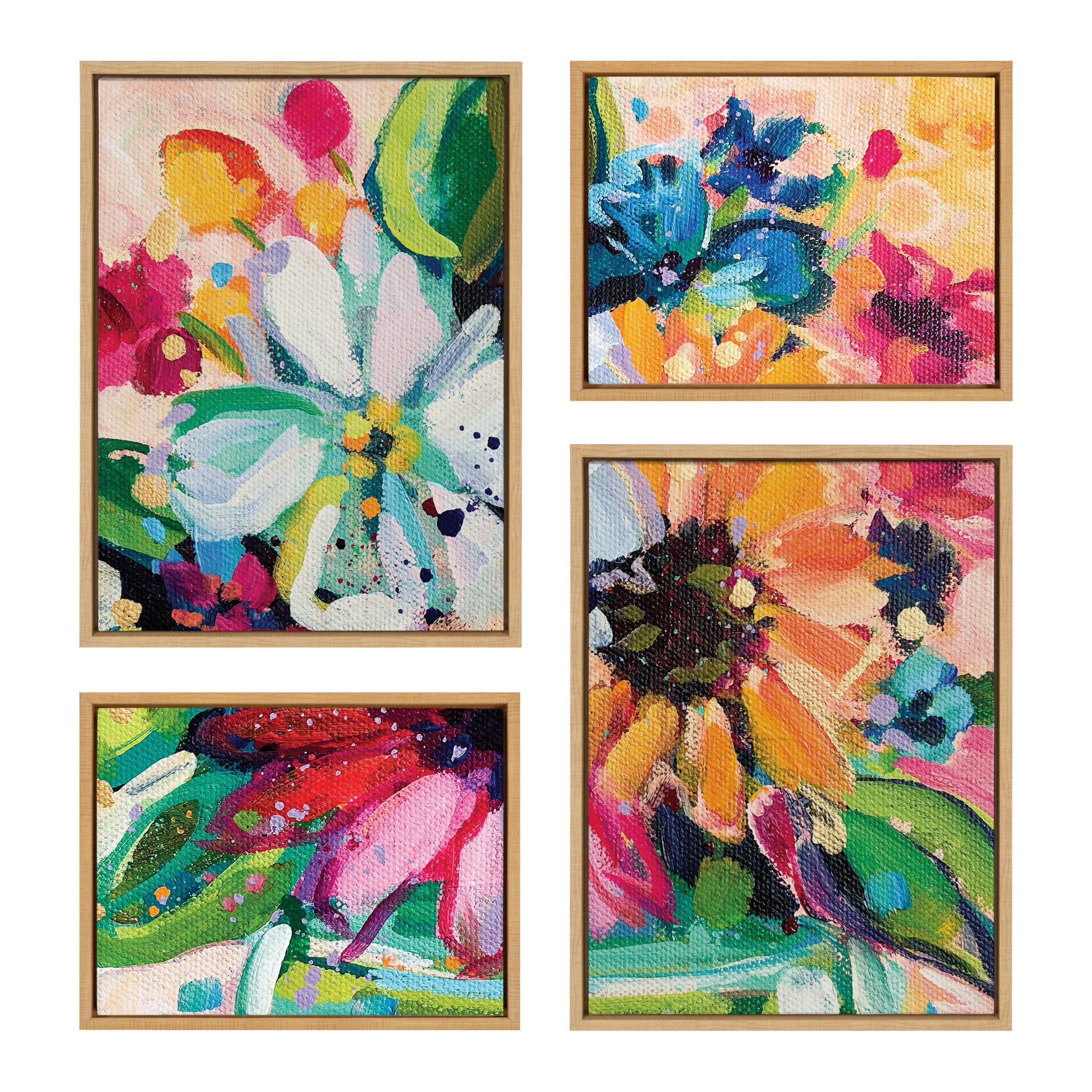 Sylvie Wild Growth framed canvas art set showing colorful floral brushstrokes on gallery-wrapped canvases in lightweight polystyrene frames