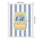 Illustration of a sardine can with three blue sardines inside on a vertical blue and white striped background, framed with a white ornamental border.