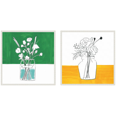 Framed canvas print of minimalist floral vase in green and yellow with vintage beaded frame