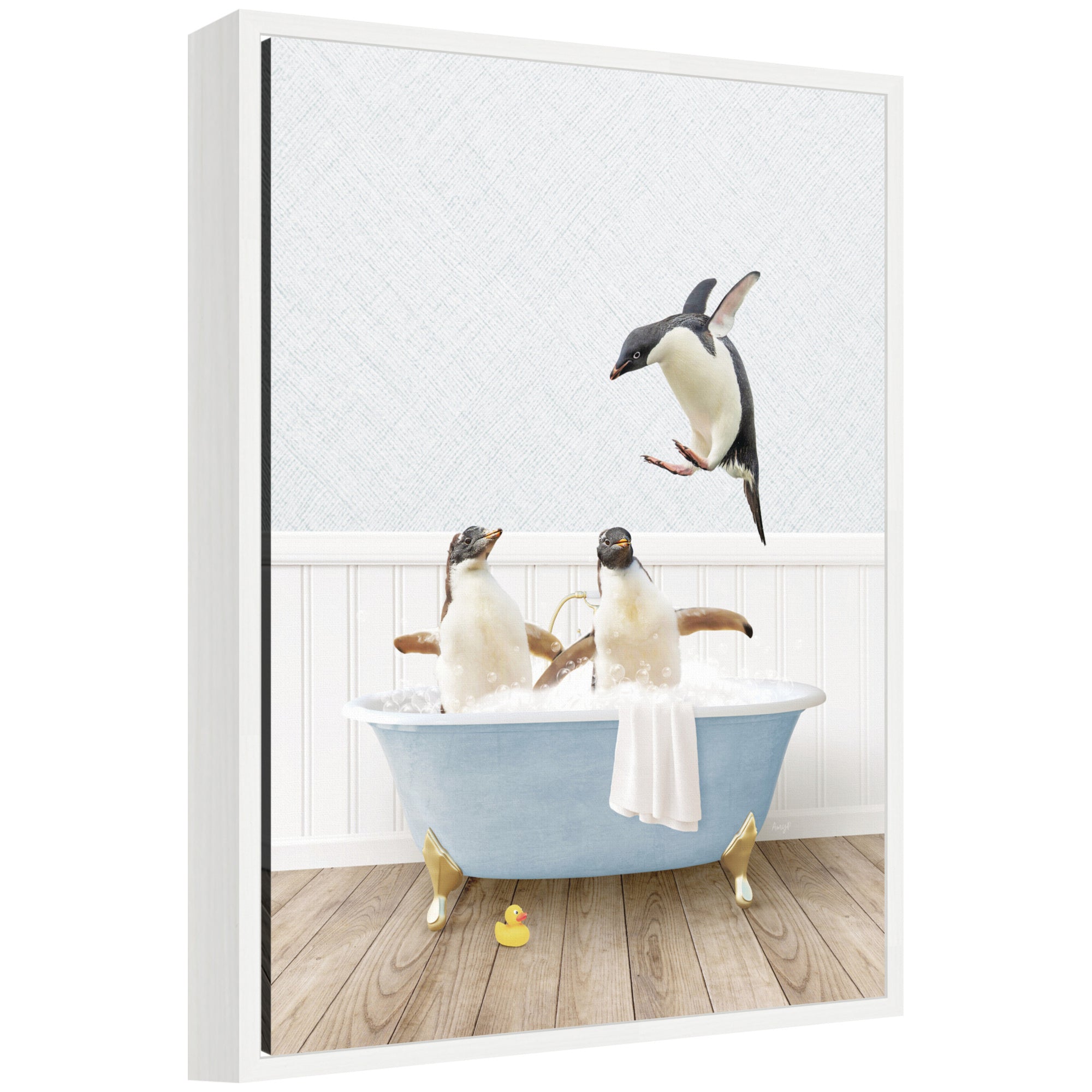 Framed floating canvas art showing penguins in a blue bathtub by Amy Peterson