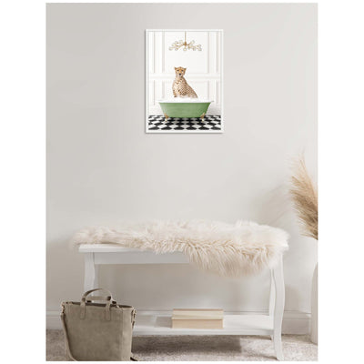Sylvie Cheetah in Green Bathtub Checker Floor Framed Canvas