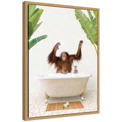 Framed floating canvas art depicting an orangutan sitting in a Bali bathtub, with muted natural tones and intricate detail.