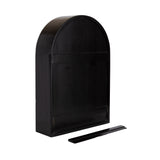 Black wooden arch-shaped wall shelf with smooth rounded top and a separate flat mounting strip positioned at the base on a white background.