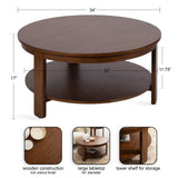 Round wooden coffee table with rich walnut finish, featuring a 34-inch diameter tabletop and a lower 30-inch diameter storage shelf, supported by four sturdy legs.