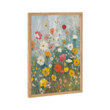 Framed print of a colorful wildflower garden painting featuring red, yellow, white, pink, and orange flowers against a soft blue and green background.