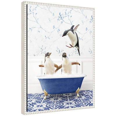Sylvie Penguins in Eclectic Blue Bath framed canvas art by Amy Peterson showing whimsical penguins in blue bath setting