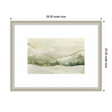 Soft watercolor landscape painting of rolling hills and trees in muted green and beige tones, framed with a wide white mat and light gray frame.