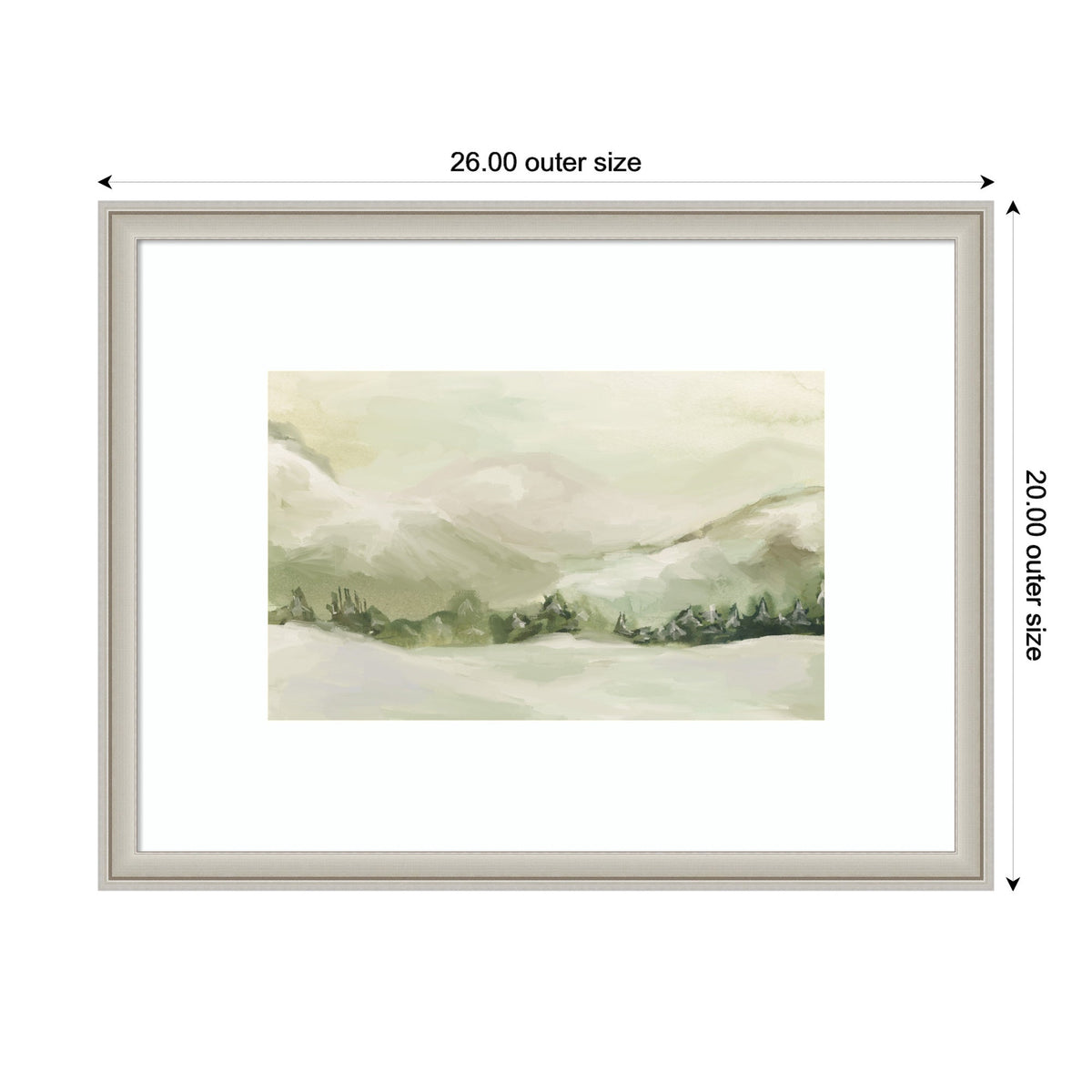 Soft watercolor landscape painting of rolling hills and trees in muted green and beige tones, framed with a wide white mat and light gray frame.