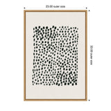 Abstract black rectangular brushstroke pattern evenly spaced on a white background, framed in a thin natural wood frame measuring 23 by 33 inches.
