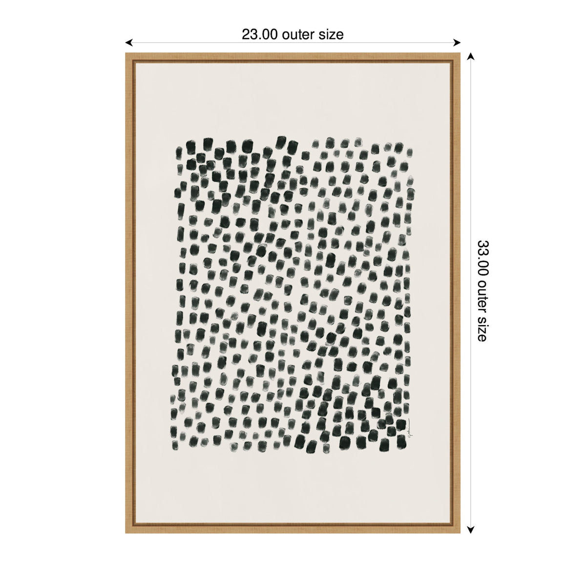 Abstract black rectangular brushstroke pattern evenly spaced on a white background, framed in a thin natural wood frame measuring 23 by 33 inches.